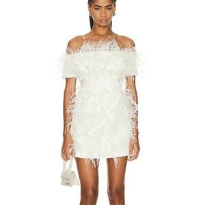 Cult Gaia Feathered Off-Shoulder White Mini Dress